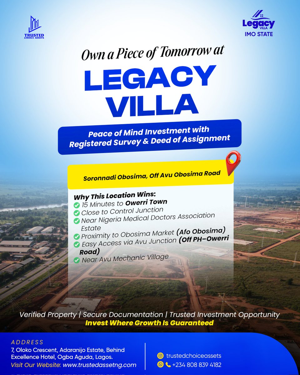 trustedassetsng's tweet image. Land today. Wealth tomorrow.

Legacy Villa, Imo State offers secure, verified land in a fast-growing location, just minutes from Owerri.

Don’t wait for opportunity to pass you by. 

DM to learn more.
#LegacyVilla #LandInvestment #Owerri #RealEstateNigeria #SmartMoney #InvestNow