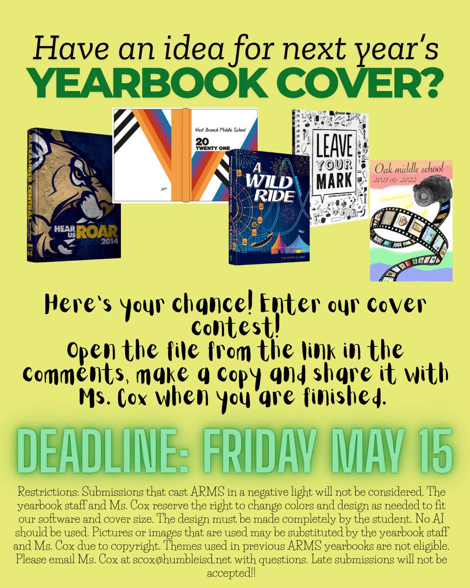 ARMSYearbook's tweet photo. Want to be the one designing our yearbook cover for 2026-2027? Here's your chance! Open the Canva cover template at this link (https://t.co/L4taApxgMx), make a copy and begin designing! Share your idea with Ms. Cox by May 15! https://t.co/3Bv80fBYFd