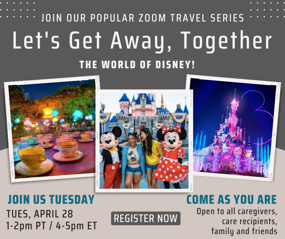 CaregiverAlly's tweet photo. "Let's Get Away Together" from FCA and The Hummingbird Project invites you in an online gathering with people who understand you. This week, join fellow family caregivers as we explore the history and joy of Disney!

Register here: https://t.co/XxcjP1DD6l https://t.co/k11b8HFEnq