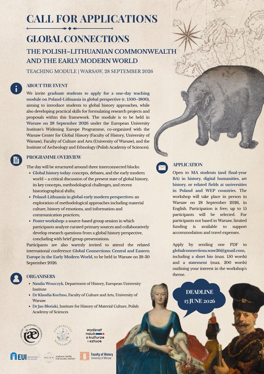 jan_blonski's tweet image. CALL FOR PAPERS:
Global Connections – Central and Eastern Europe in the Early Modern World (ca. 1500–1800)

🔜 Submission deadline: 15 June
📍 Warsaw | 📅 28–30 Sept

Student workshop included :)

#History #Twitterstorians

More info ⬇️