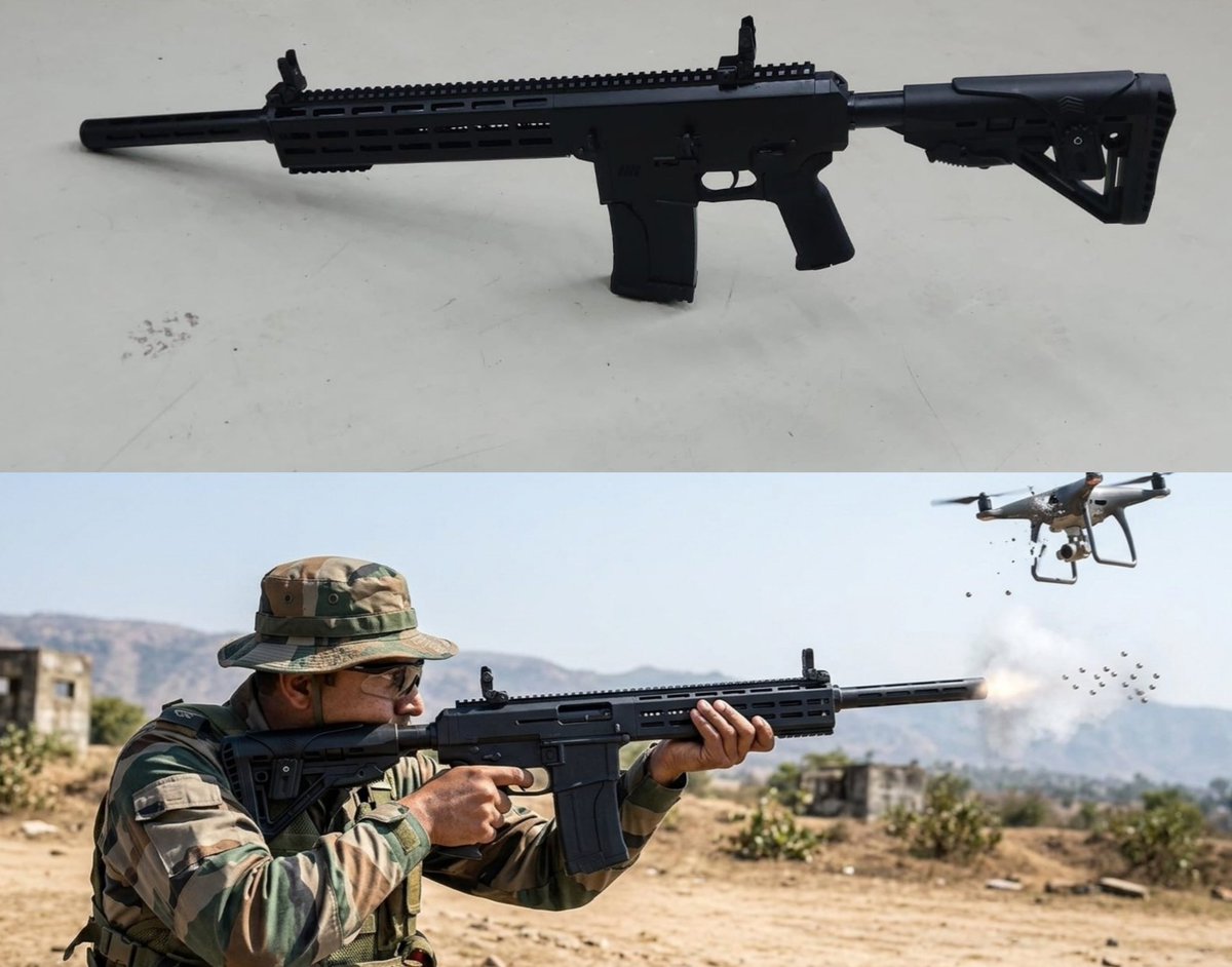 OrganiccJAT's tweet photo. Bengaluru-based #SSSDefence to soon unveil it's T-12 Semi-Auto Shotgun (12 Gauge) with a range of 80m+.
We all know the gun 😁