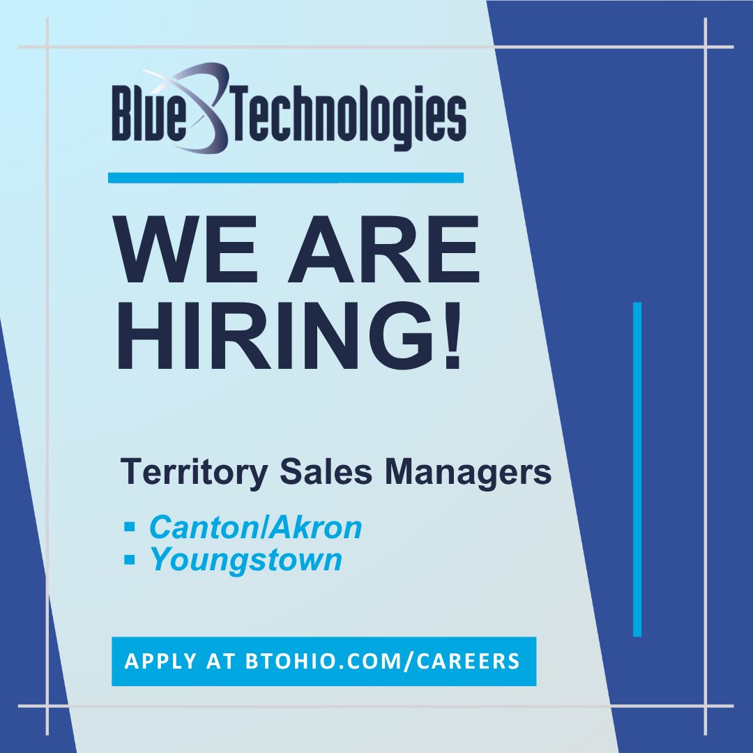 BlueTech_Inc's tweet photo. As a Territory Sales Manager in our Canton or Youngstown market, you will be out in the field meeting prospects, learning their business, and showing how Blue Technologies can help improve their efficiency, strengthen data security and support growth. https://t.co/jn9EKgYM7u. https://t.co/YzPm8b1xfZ