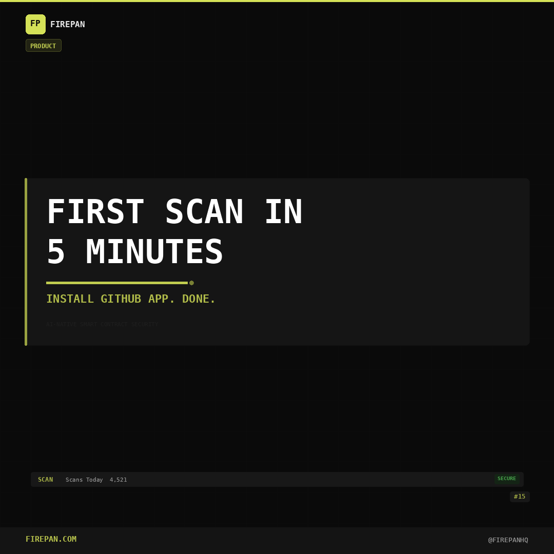 Firepan quickstart:

1. Install our GitHub App (60 seconds)
2. Select your repos
3. Get your first scan results (under 5 minutes)

Or use the CLI:
firepan scan github.com/your-org/your-… --format html

No sales call. No 6-week wait. No $50K invoice.

docs.firepan.com/quickstart