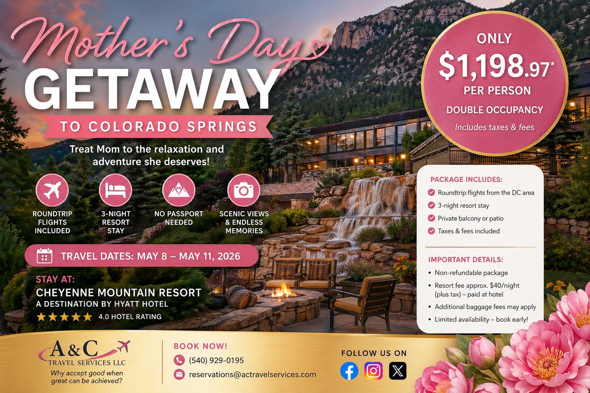 ACTRAVELSERVICE's tweet image. 🌸 Mother’s Day Getaway ✈️🏔️
Colorado Springs | May 8–11, 2026
$1,198.97pp (double) | Flights + 4⭐ resort
No passport needed!

📲 Text 540-929-0195
📧 reservations@actravelservices.com

#MothersDay #TravelDeals #BookNow #ACTravelServices #NoPassportNeeded
wix.to/nP441Yg