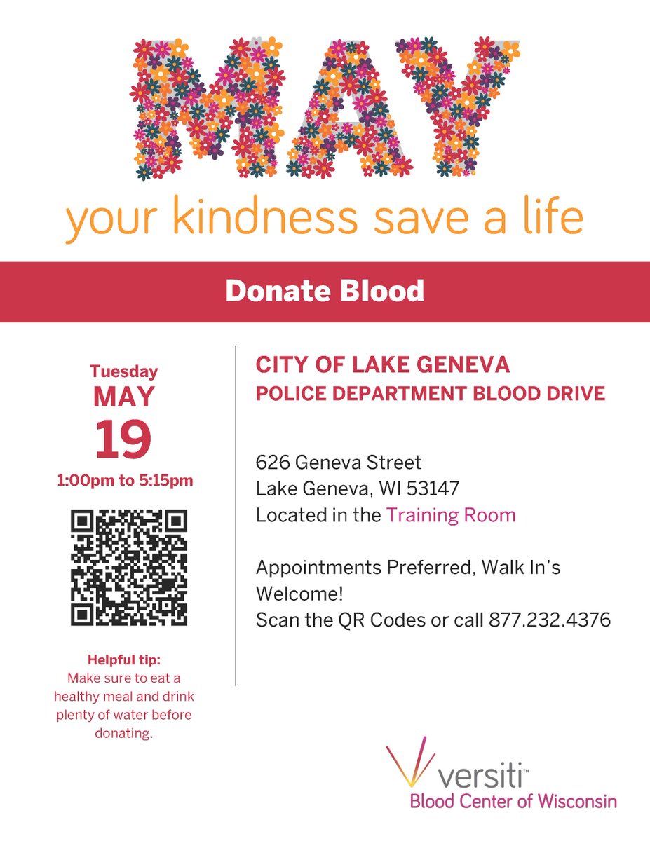LakeGenevaPD's tweet photo. Give blood. Save lives. ❤️
Join us May 19 at the Lake Geneva Police Department.
Sign up here: https://t.co/bIzlVWQjbB https://t.co/cNRwq1BQ7W