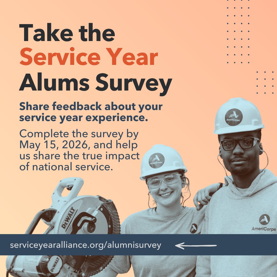 engageky's tweet image. Calling all service year alums! Take the 2026 @ServiceYear Alums Survey, and help shape the
future of national service in our country.

Take the survey: serviceyearalliance.org/alumnisurvey

#ServiceYearAlumsSurvey #Service #AmeriCorps #EngageKY #CommunityImpact