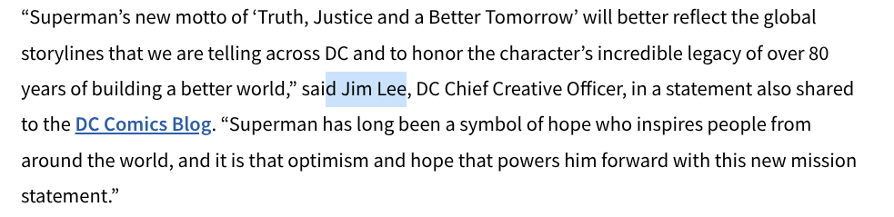 The115weapon's tweet photo. @DLose52544 @RealDeanCain @ParamountPics Gunn didn't remove that.  The motto was changed back in 2021 by Jim Lee.  Gunn didn't become ceo of DC Studios until 2022. https://t.co/gNo57u8Fh6