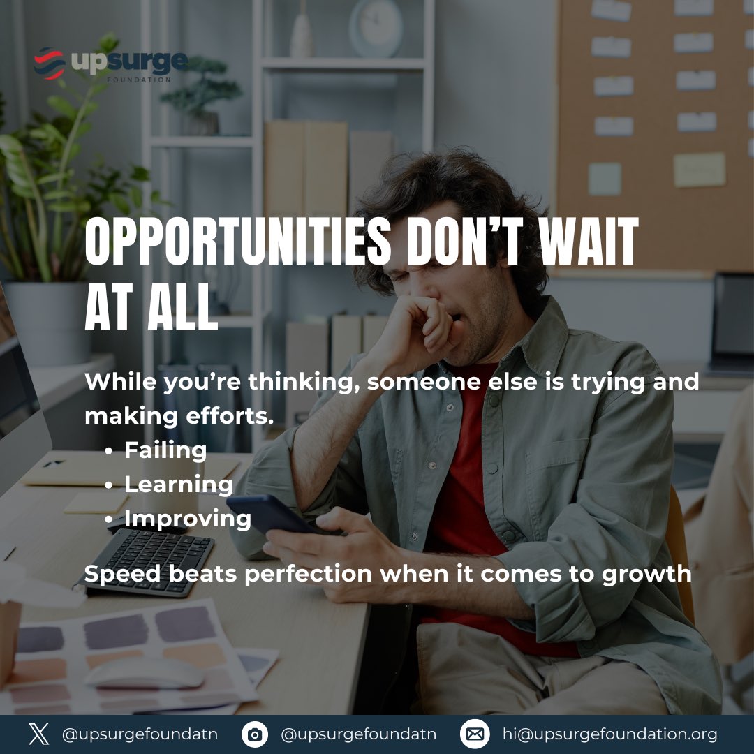 upsurgefoundatn's tweet image. A lot of people are not stuck. They’re just waiting, waiting to feel ready, to feel confident or waiting for the “perfect time.”

Most of the time, that moment never comes because clarity doesn’t come from thinking more.
#procrastination #overthinking #clarity #progress #upsurge