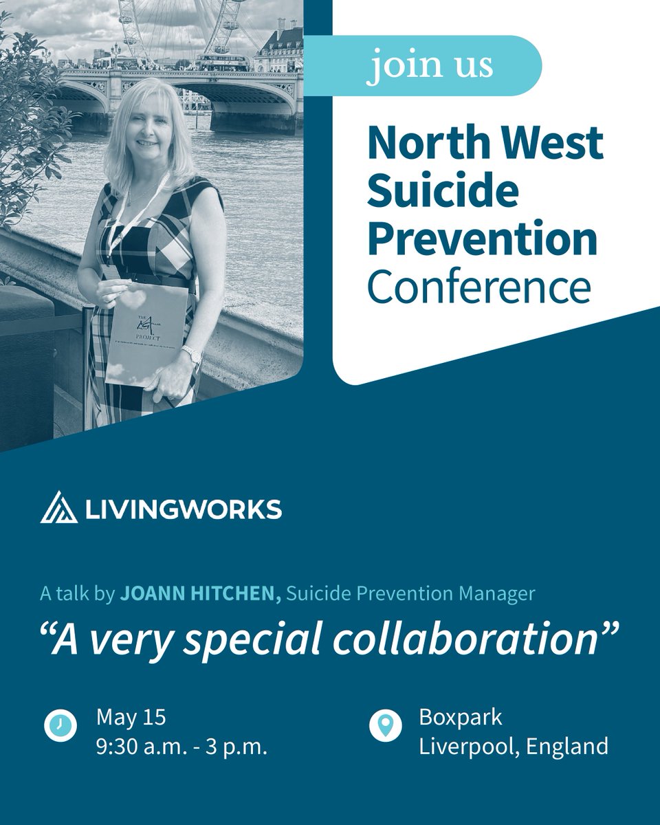 Living_Works's tweet photo. #LivingWorks is proud to share Joann Hitchen will speak at the North West Suicide Prevention Conference in Liverpool on 15 May 2026, hosted by @TMartinGallierP. 

Grateful for our collaboration building #SaferFromSuicide communities and a global #NetworkOfSafety. https://t.co/YdTLkj0OKn