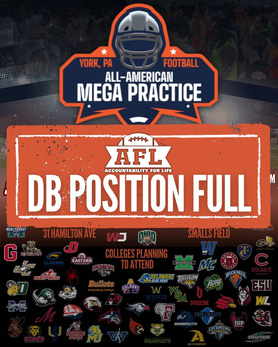 AFL_YorkPA's tweet photo. 🚨 Mega Practice Update 🚨 

Our DB position for the 2026 AFL All-American Mega Practice is now full! 

That is the second position group to fill up! 

OL, QB, RB, TE, DL, and LB get signed up now if you want your spot secured! 

Sign up here: 
https://t.co/MTZDOMEWaQ

@RussellStoner24 @CoachCregger @CoachBL_AFL @CoachKAFL 

#OneGoal