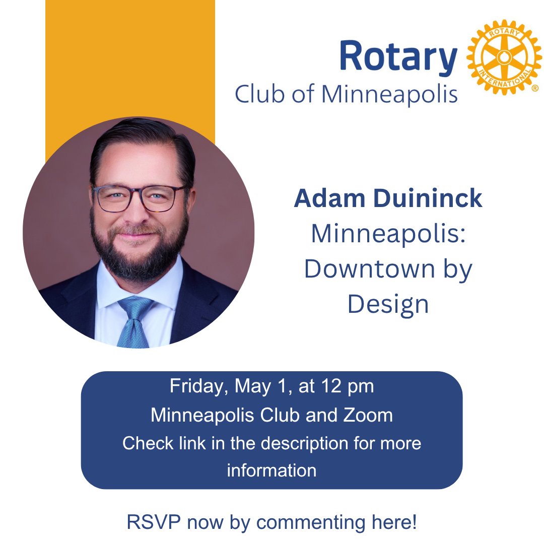 mplsrotary's tweet photo. This Friday our speaker will be Adam Duininck, CEO of Minneapolis Downtown Council. Adam will give a state of downtown Minneapolis talk and focus on the work the MDC is doing to impact the future of our downtown.
Read more here: https://t.co/lbtukdrDTy https://t.co/9YXkm8a2Dt