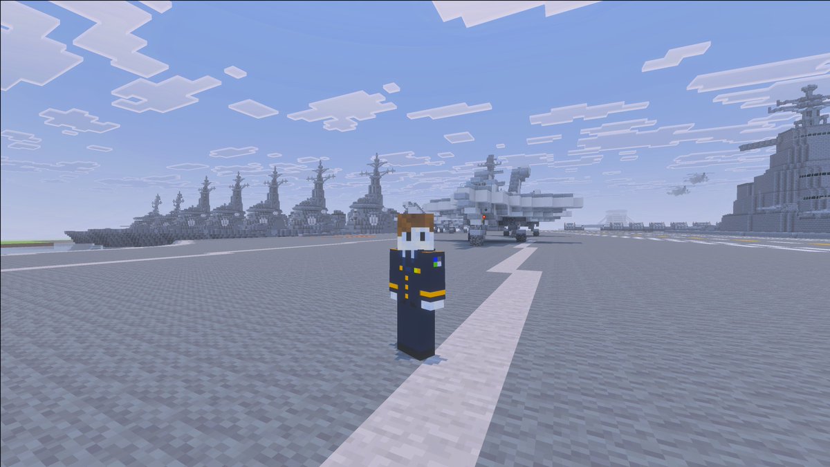 ウルフの散歩_11日目
今回は、最初に作られた空母の上で記念撮影(´▽｀)

＜思い出＞
当時は何も考えずにフラット生成で基地を作っていたので、海面から岩盤まで3マスしかなく船底が作れなかった過去が…( ;∀;)
軍事要塞の建設に着手した頃から、ようやく船底まで作られるようになった。