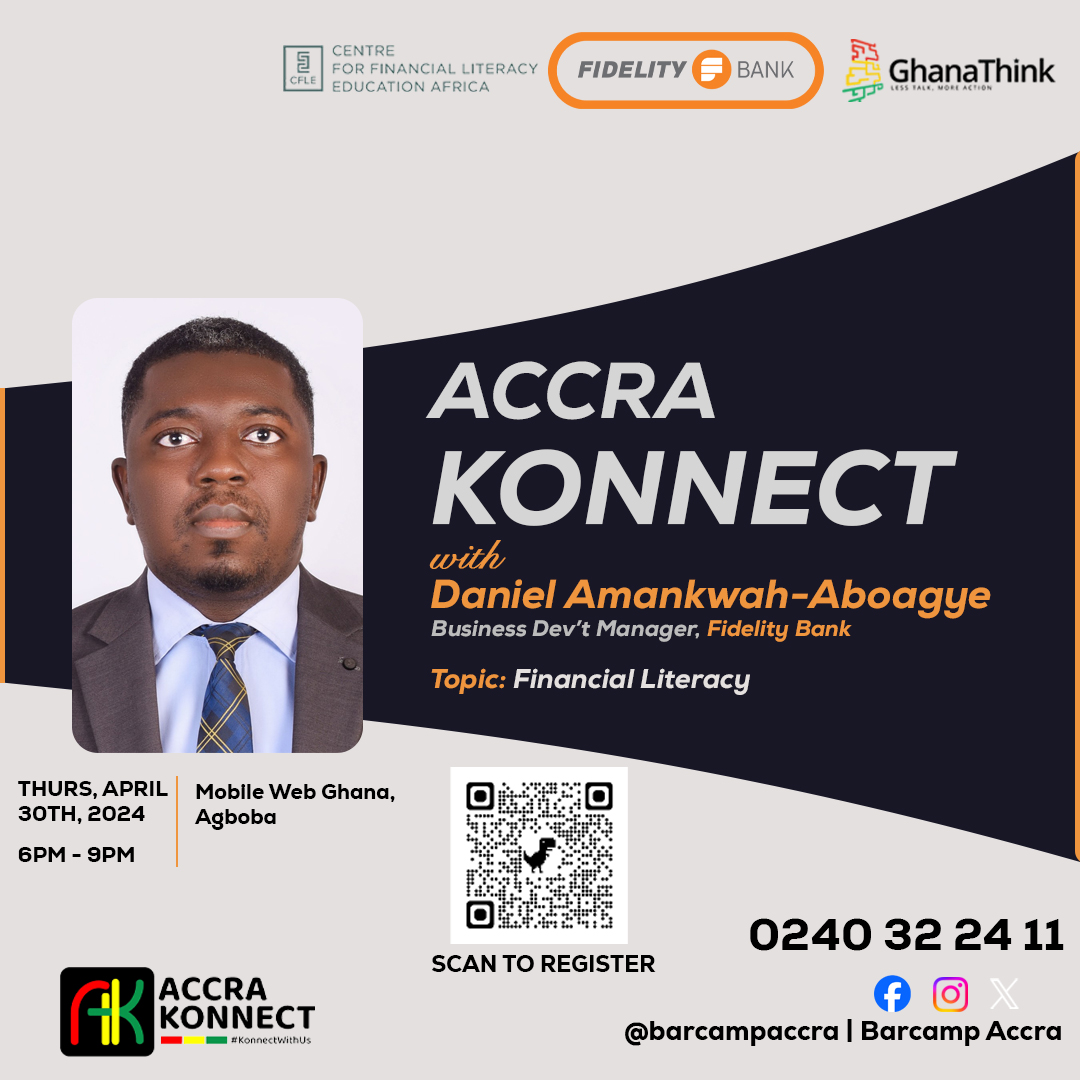 Barcampaccra's tweet image. What happens when you mix industry leaders with an ambitious community? 🚀 You get the April #Accra Konnect Meetup! 

Huge thanks to @fidelitybankgh  and @cfleafrica  for partnering with us to bring you expert-led financial insights.

FREE Tickets: eventislive.com/e/accrakonnect…