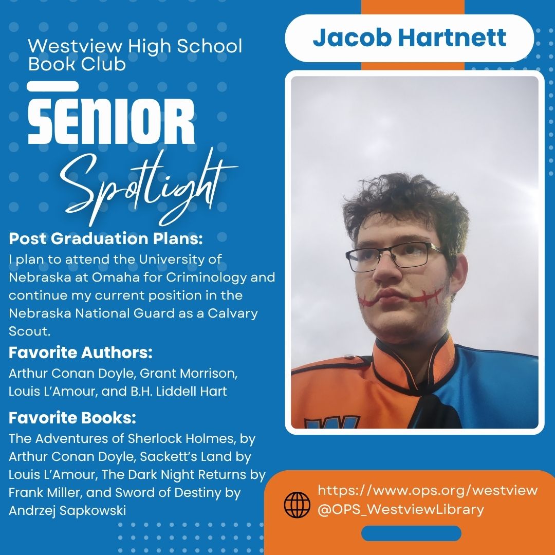 westviewlibrary's tweet photo. Let's hear it for @OPS_Westview Book Club Seniors. Today's #SeniorSpotlight is Jacob Hartnett. Good luck with your next chapter. https://t.co/0SvNUdPFXv