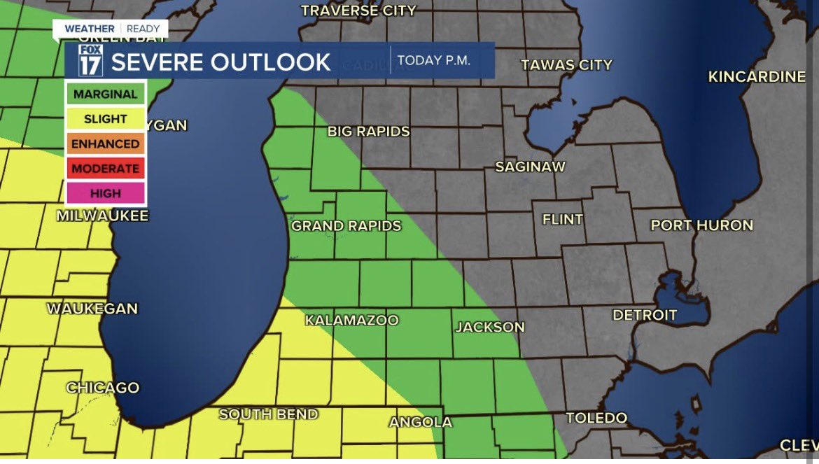 FoxWeatherman's tweet image. Here's the SEVERE WEATHER OUTLOOK for today, Monday April 27, 2026. In southwest lower Michigan Berrien, Cass, St. Joseph, and Van Buren Counties are under a level 2 (yellow), while the rest of our @FOX17 viewing area is under a level 1/5 in green. Wind is the main threat. #wmiwx