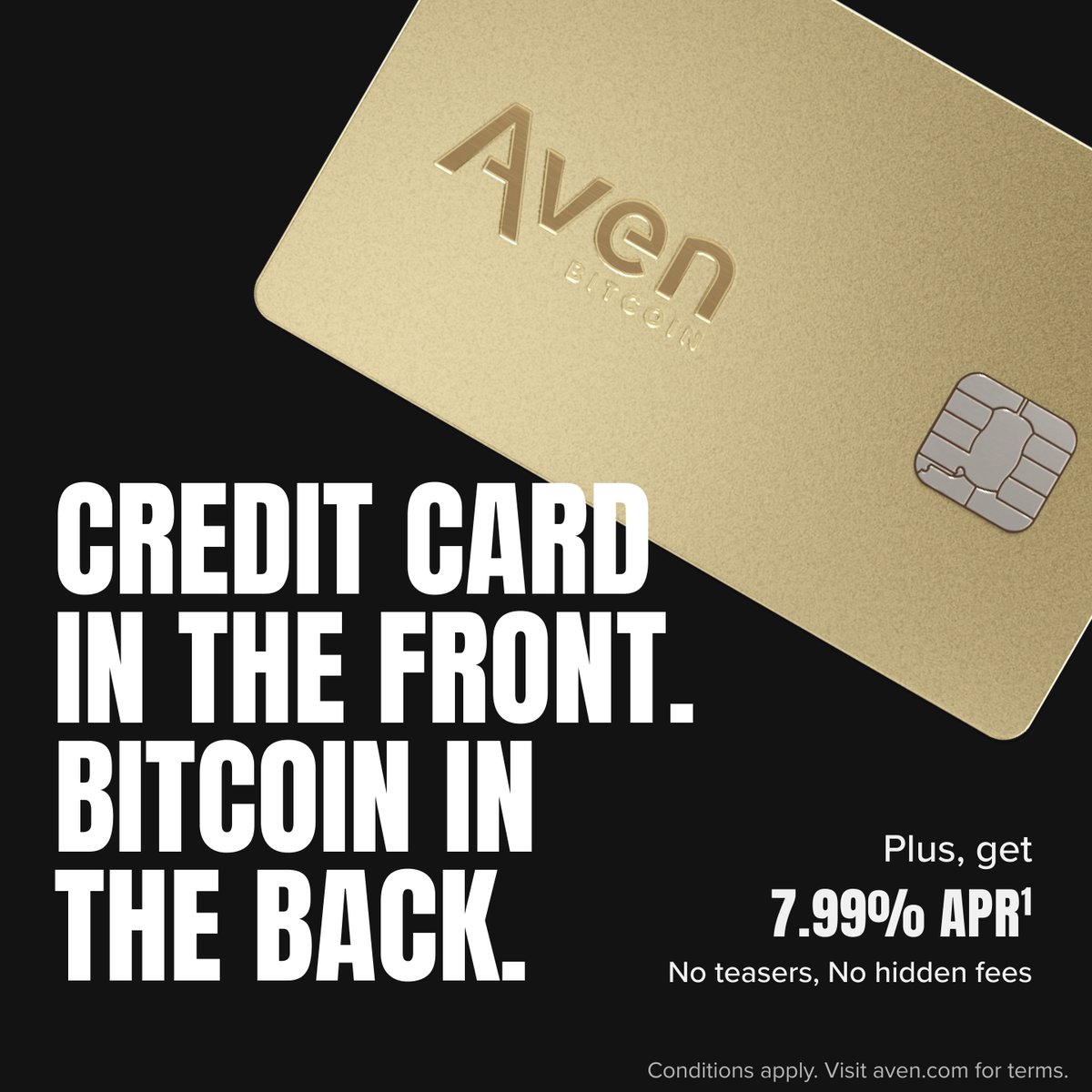 AvenCard's tweet photo. Unlock your Bitcoin without selling - offering up to 10-year fixed loans starting a low as 7.99% APR. Apply now - Get up to $1,000,000 Credit Limit. 

Terms Apply. See the Aven website for more details and disclosures.