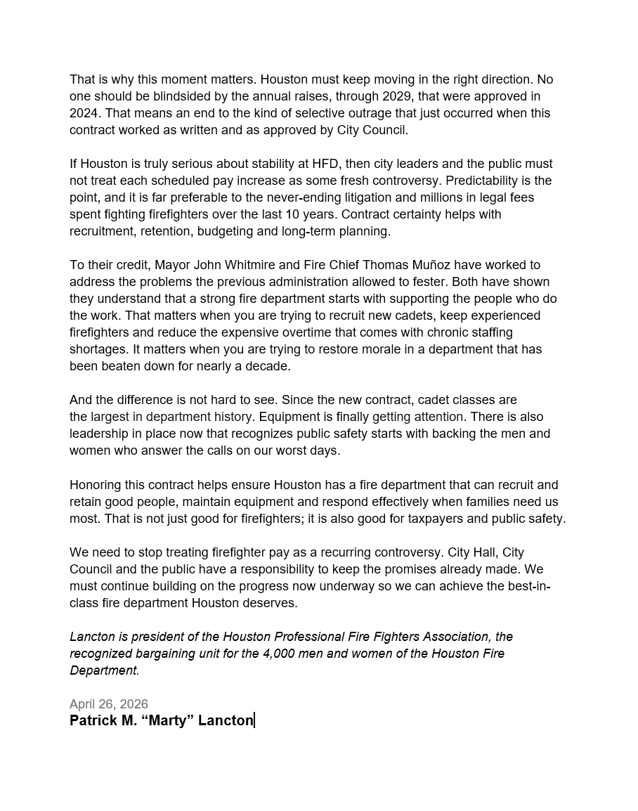 FirefightersHOU's tweet photo. Now in the @HoustonChron.

HPFFA President Marty Lancton sets the record straight: our recent arbitration win was about enforcing a public contract, keeping promises already made and continuing the rebuild of the @HoustonFire Department.

Read the op-ed below. https://t.co/Tra021Xmdv