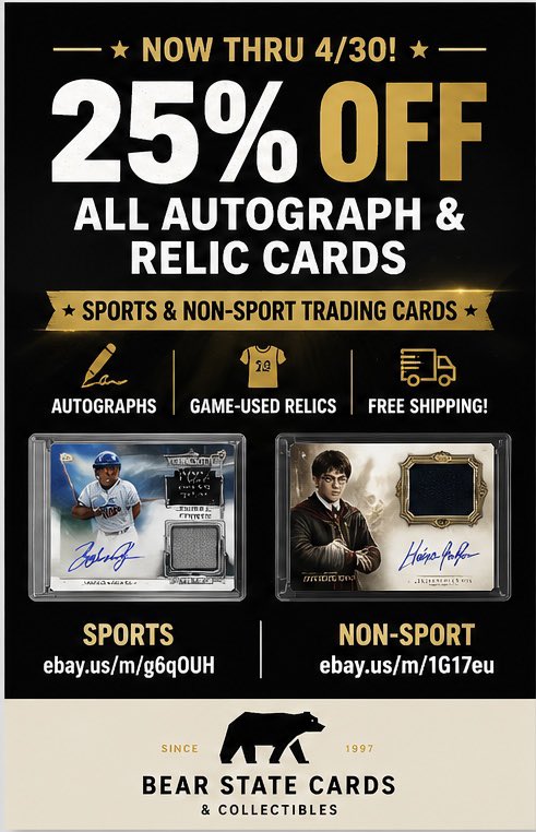 bearstatecards's tweet image. ✍️🔥 25% OFF AUTOS &amp;amp; RELICS 🔥

Now thru 4/30 + FREE shipping

⚾ ebay.us/m/g6qOUH
🎬 ebay.us/m/1G17eu

Load up on signed &amp;amp; game-used cards while they’re discounted

#SportsCards #Autographs #Relics #eBayDeals