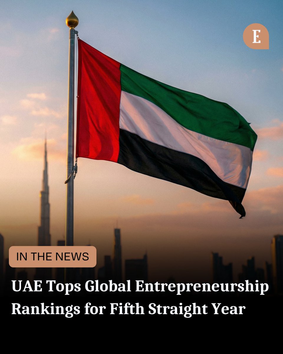 EntMagazineME's tweet image. The #UAE ranked first globally for the fifth consecutive year in the Global Entrepreneurship Monitor Report 2026/2026, maintaining its position as one of the world’s most supportive environments for #startups and #entrepreneurs.

The country outperformed several advanced