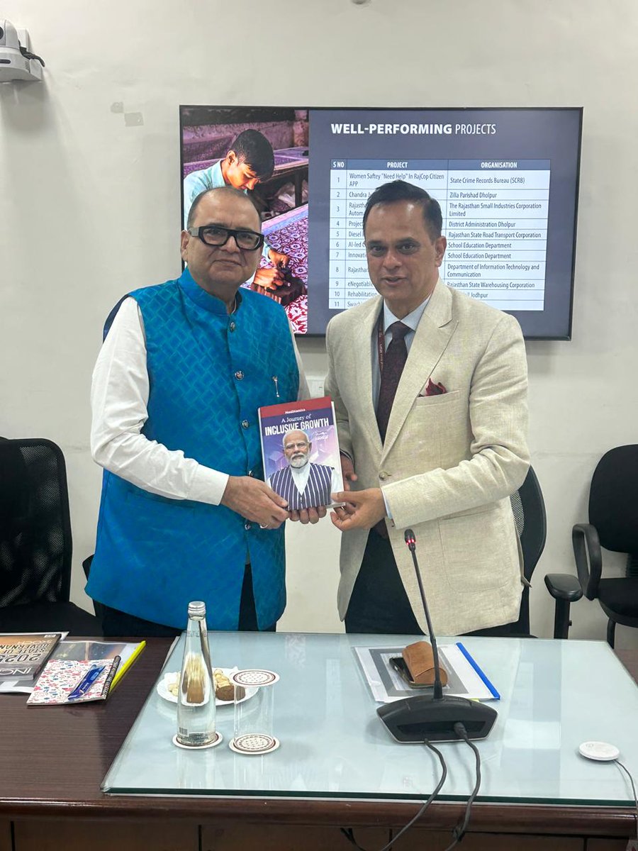 DhanjalDr's tweet photo. Rajasthan has been a momentum state. In #StateOfGovernance Report for #Rajasthan 2025, the state has jumped to #7 nationally. I thank @svoruganti1466 for hosting delegation led by @SkochSameer at Jaipur. #ModiNomics: A Journey of Inclusive Growth was received by him. @RohanSkoch https://t.co/PTRoS4O368