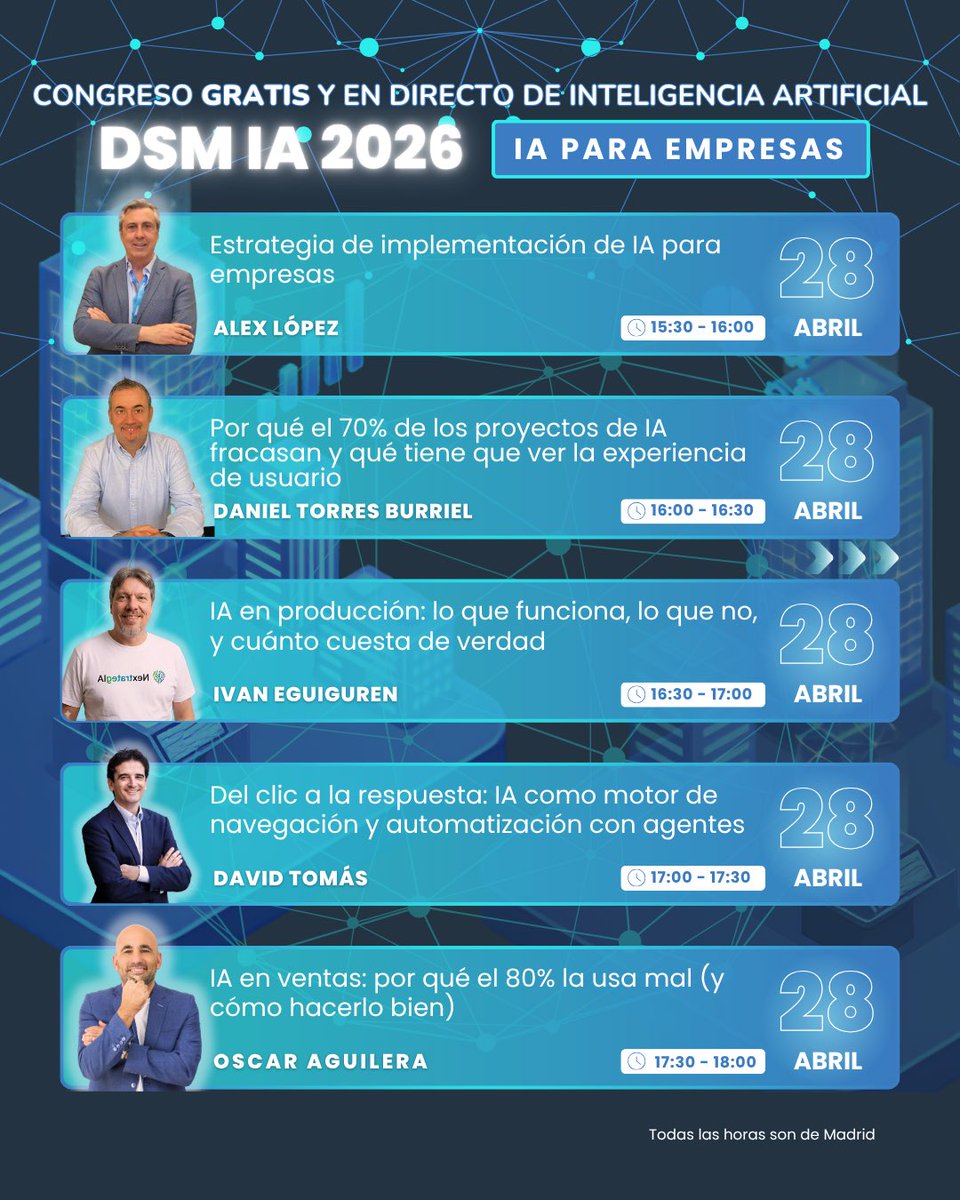 torresburriel's tweet photo. Mañana voy a estar compartiendo en #DSMIA aprendizajes en el entorno de la inteligencia artificial y la experiencia de usuario en el contexto empresarial. Tres días de inteligencia artificial. Con ponentes de nivel. Inscripción gratuita.
https://t.co/LFzIIcUE18 https://t.co/y1MGbhlUMz