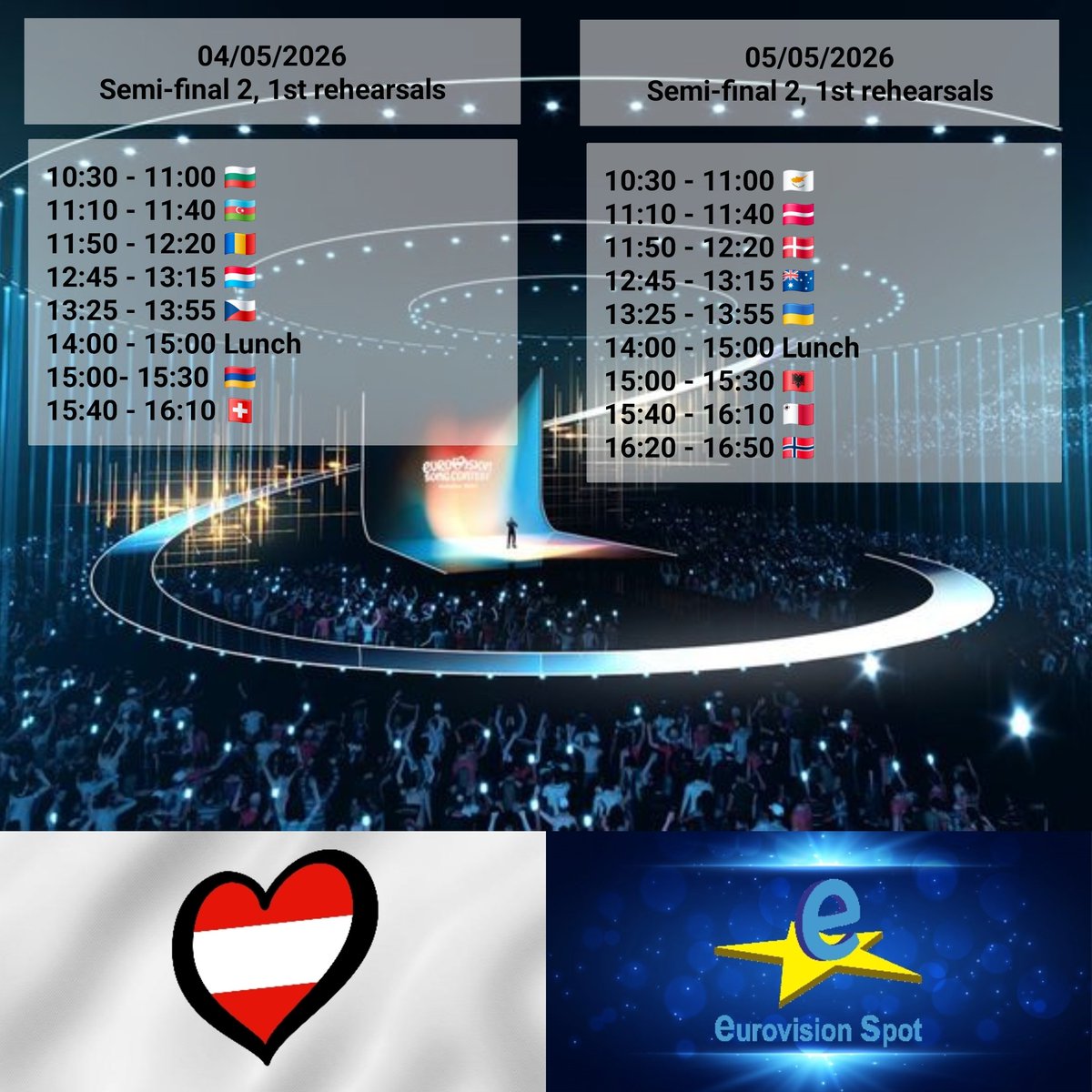 EurovisionSpot's tweet image. ORF and EBU announce the schedulle of the rehearsals for #Eurovision2026 at Wiener Stadthalle.
👇 

📸 ORF, Eurovisionspot
#eurovision #unitedbymusic