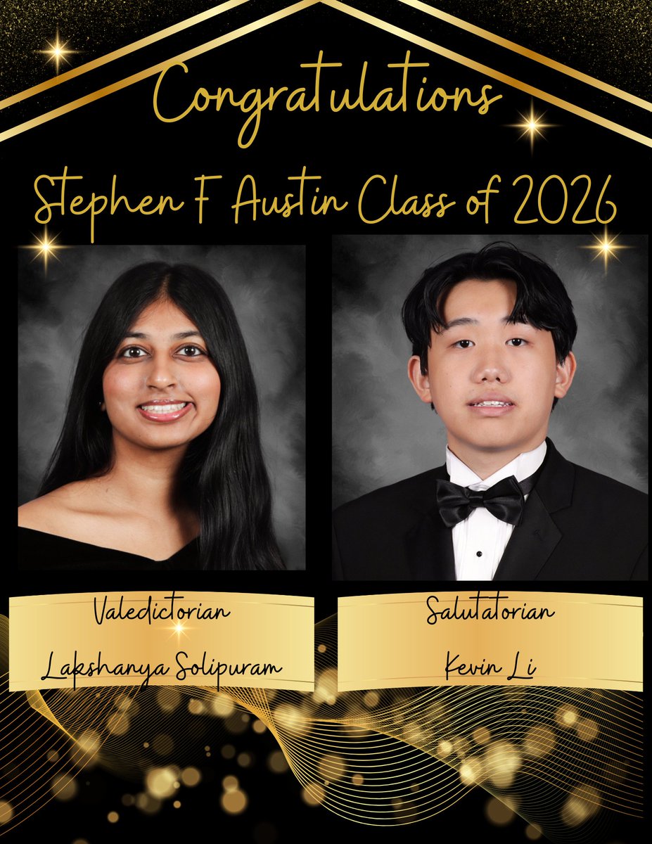 SFAHS_Bulldogs's tweet image. Congratulations to our Class of 2026 Valedictorian, Lakshanya and Salutatorian, Kevin!  Looking forward to seeing the amazing things you'll do you in your life! Go out and change the world!! #LevelUp #HonorGrad #Excellence @Dawgs_2026  ❤️🖤🐾🎓🥳