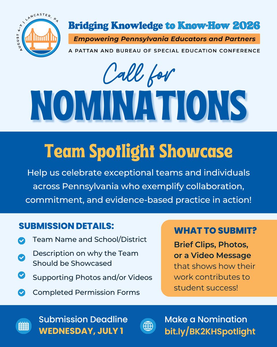 pattanupdates's tweet image. Call For Nominations 🌟 Help us showcase exceptional school teams &amp;amp; individuals at #BK2KH2026!

Whether it’s meaningful collaboration, demonstrated growth or strong teamwork — show us how they contribute to #StudentSuccess. 💪

📌 Submissions due July 1: bit.ly/BK2KHSpotlight