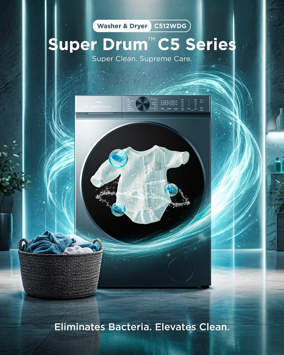 ghana_tcl's tweet photo. Total peace of mind in every cycle. Our C512 doesn’t just wash; it elevates your laundry routine by eliminating hidden bacteria. Superior technology for a healthier home.

#TCL #TCLGhana #SuperDrum #LaundryTech #HomeInnovation #CleanScience #C512WDG https://t.co/YwpR8TI8gL