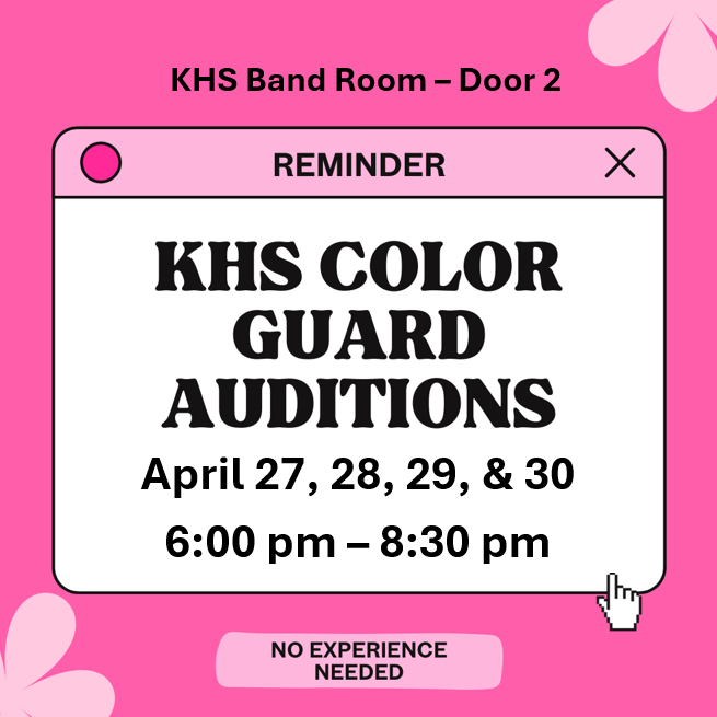 KHSGuard's tweet photo. Tonight is the first audition night for the KHS 2026-2027 Color Guard.  No experience is needed.  We will teach you everything!  If you cannot attend tonight, that is okay we will see you tomorrow. #legacymatters https://t.co/vV9EDQ7W3h