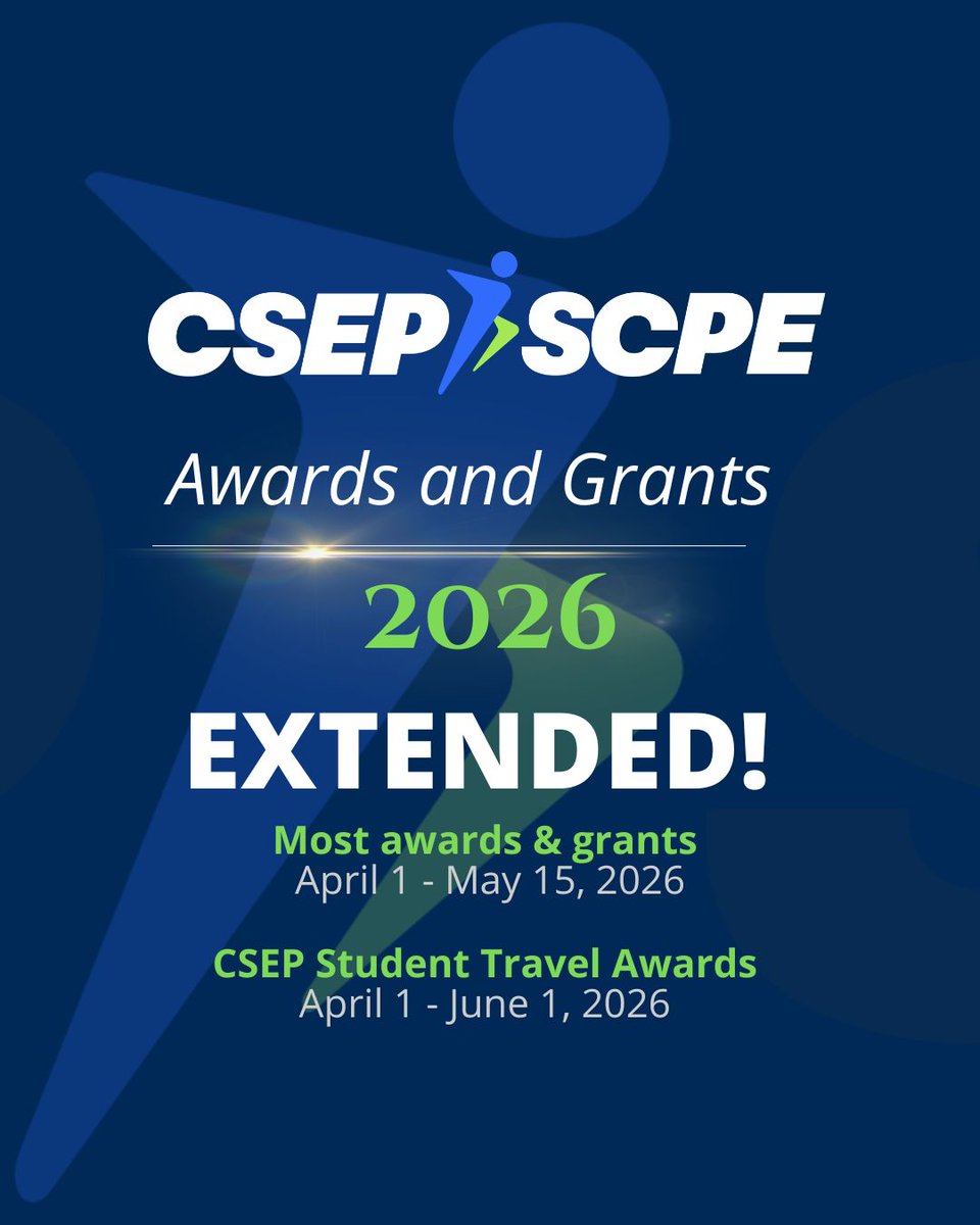 csep_scpe's tweet photo. Deadline Extended!

Life is busy. Your research (and caffeine intake) is likely at an all-time high. To give you some much-needed breathing room, we’ve officially extended the deadline for CSEP Awards and Grants!

🗓️ New Deadline: May 15th, 2026

Don’t miss your chance to be recognized for your hard work and contribution to exercise physiology. Take the extra time to polish those applications and get them in!

Visit https://t.co/DzssqBdOfL to apply!

_________________________________________________________
Prolongation de la date limite !

La vie est bien remplie. Vos travaux de recherche (ainsi que votre consommation de caféine) atteignent sans doute des sommets. Pour vous offrir un peu de répit bien mérité, nous avons officiellement prolongé la date limite pour les prix et bourses du CSEP !

🗓️ Nouvelle date limite : 15 mai 2026

Ne manquez pas cette occasion d’être récompensé pour votre travail acharné et votre contribution à la physiologie de l’exercice. Profitez de ce délai supplémentaire pour peaufiner vos candidatures et les envoyer !

Rendez-vous sur https://t.co/Xi8oXfvMOJ pour postuler !

#SCPE #Kinésiologie #SubventionsDeRecherche #VieUniversitaire #SaisonDesRécompenses #CSEP #ExercisePhysiology #Kinesiology #ResearchGrants #AcademicLife #AwardsSeason