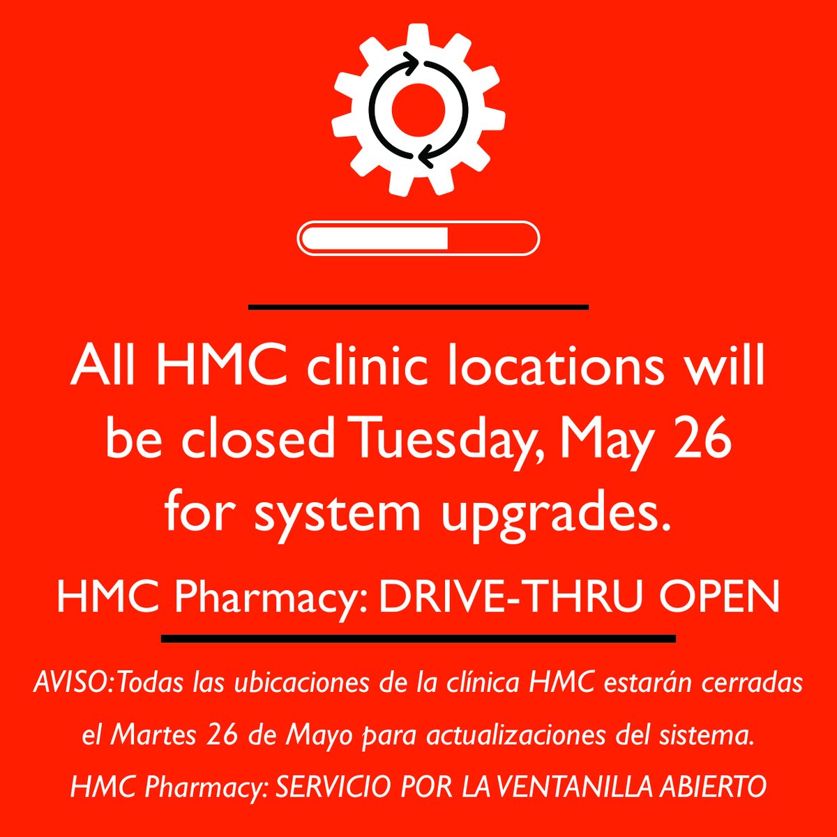 HMCKansas's tweet photo. Heads up!
We’ll be closed:
• Monday, May 25 
• Tuesday, May 26 (system upgrades) 
HMC Pharmacy drive-thru will be open Tuesday (normal hours) 
All other services reopen Wednesday, May 27 Need us? After-Hours: 316.283.2700 Plan ahead for appointments and refills! https://t.co/EOJJYUScWA