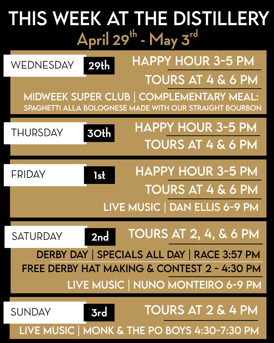 This week at the distillery!

No reservations required for events must book tour in advance. First come, first served.