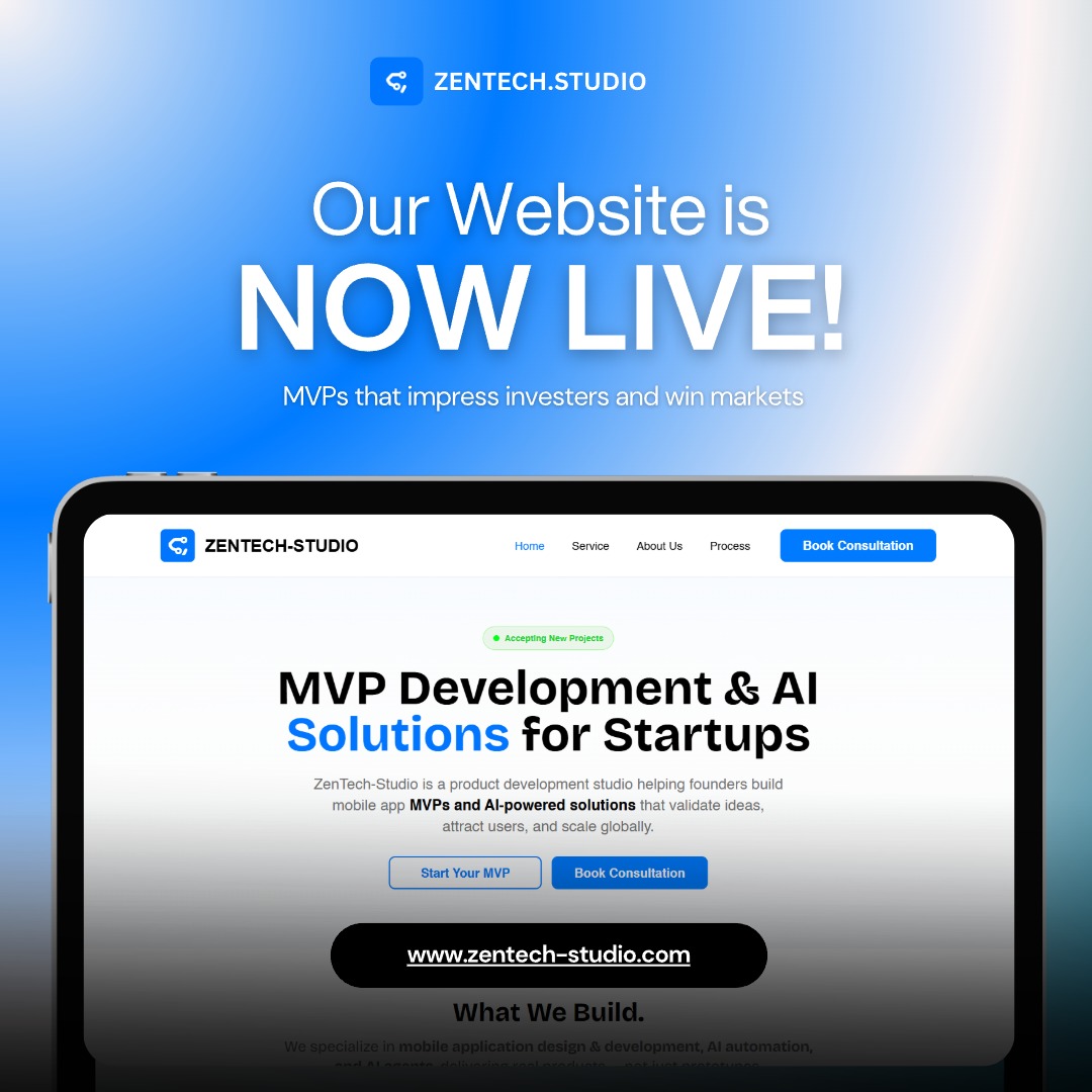 StudioZentech's tweet image. Our website is Now Live🚀
Built for founders who need MVPs that impress investors &amp;amp; win markets.

Big thanks to @HabibaMlt  @mubasher9170  for bringing this to life.

Got a new idea? Need an MVP?

Visit ➡️zentech-studio.com

#MVP #AI #Startups