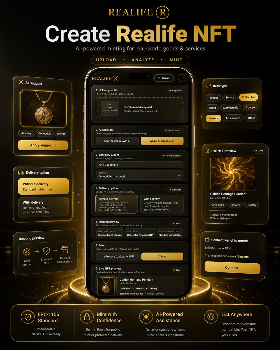 Realife_Crypto's tweet photo. Realife already has an AI-powered listing agent for real-world commerce.

A seller can upload an image of a product or service, and the system helps generate metadata, category, fulfillment type, market flow, and listing details.

The goal is simple: reduce Web3 complexity to a practical minting experience for real goods and services.

@Realife_Crypto