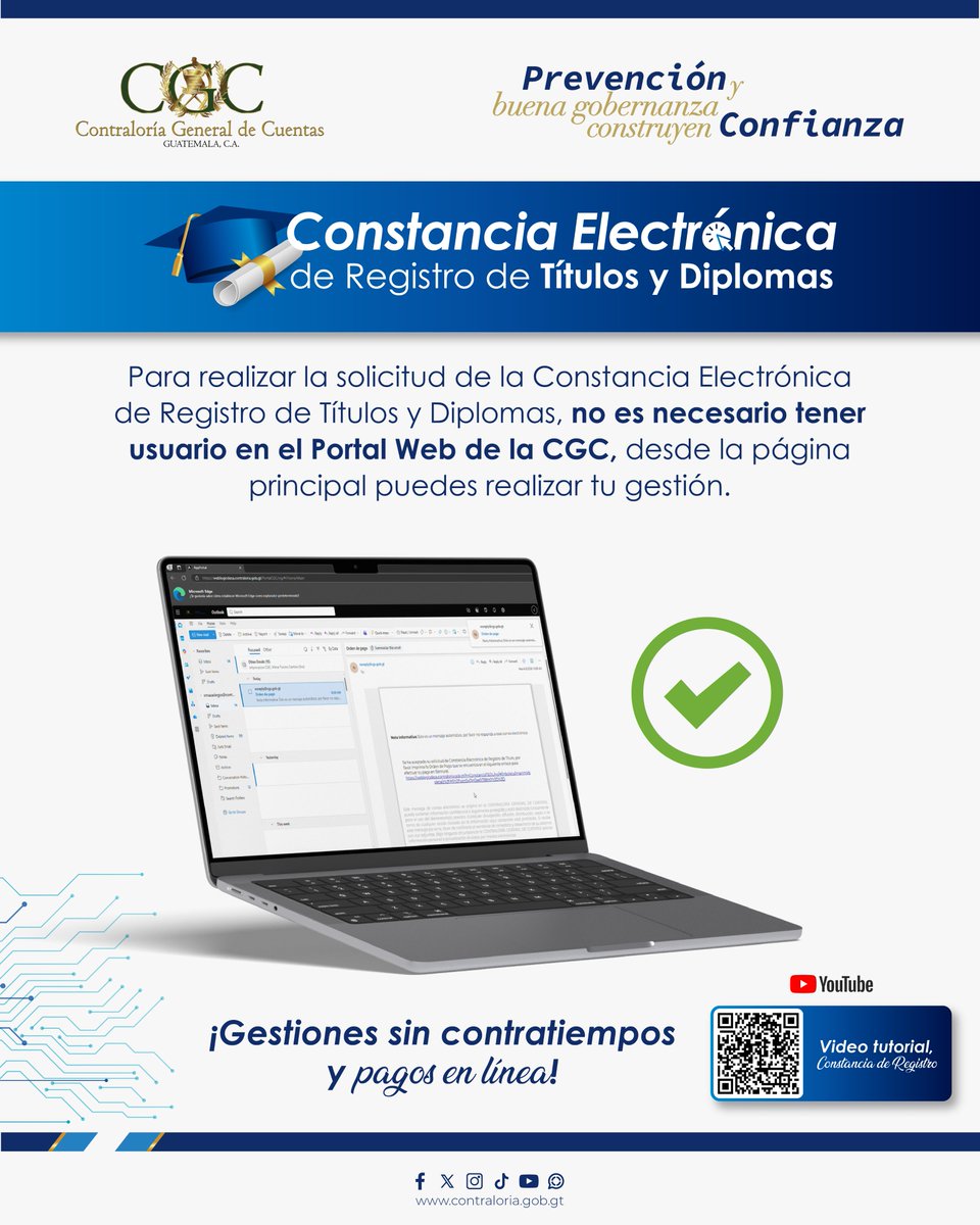 Contraloria_gt's tweet image. ✅💻 Para realizar la solicitud de la Constancia Electrónica de Registro de Títulos y Diplomas, no es necesario tener usuario en el Portal Web de la CGC

#Prevención #Confianza #BuenaGobernanza #Constancia #ConstanciaCGC #Títulos