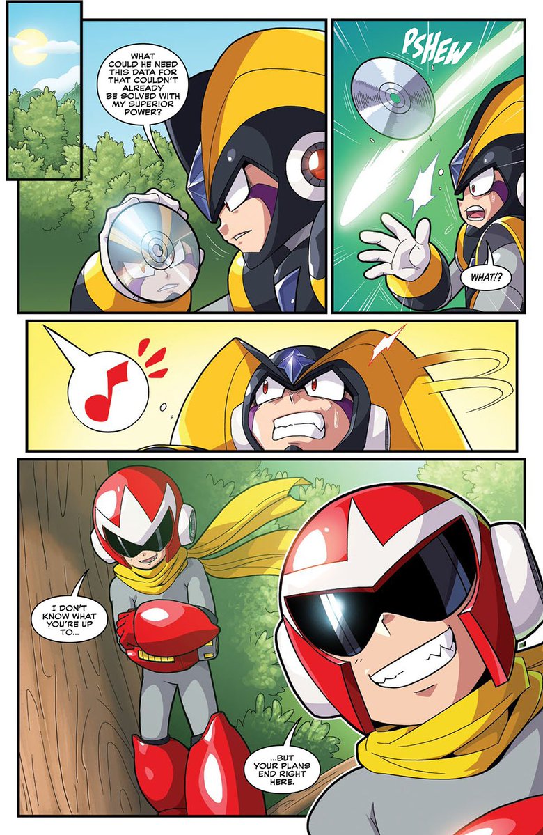 Protoman's tweet image. SNEAK PEAK of Mega Man Showdown Special #1!!

Set during Mega Man 7, Dr. Light is repairing the recently damaged Bass that Mega Man found, but what is Bass really planning?  Will Proto Man be able to stop him? 
A brutal battle breaks out!
Proto Man 🕶️🧣 vs. Bass! 🔊

Story by: