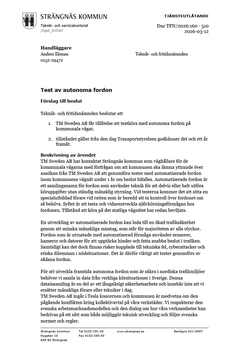 LinkN01's tweet photo. FSD in Sweden 🇸🇪

Strängnäs municipality has approved Tesla FSD testing. Tests starts soon. https://t.co/qOg2xoRtql