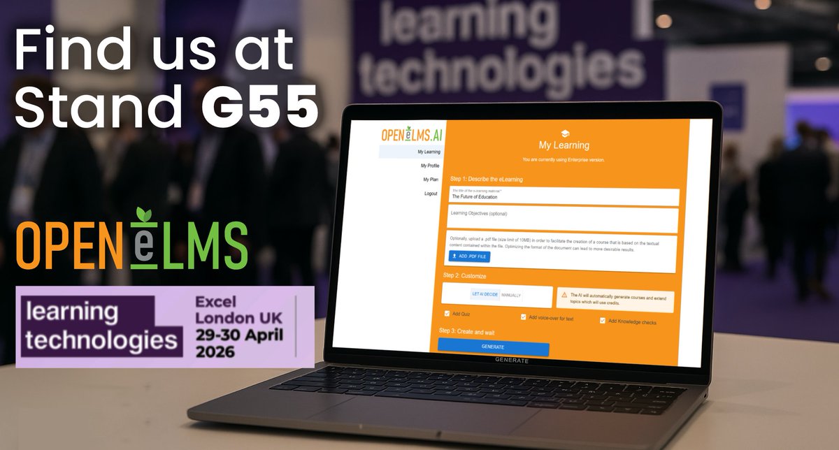 emilrw's tweet image. Just 2 days to go until #LearningTechnologies 2026 at the ExCeL London 🚀

Come visit Open eLMS at Stand G55 to see:
- AI-generated eLearning
- Instant SCORM creation
- AI-powered LMS tools
- Editable learning content
📅 29–30 April
📍 Stand G55
#LT2026 #Elearning #AI #LMS