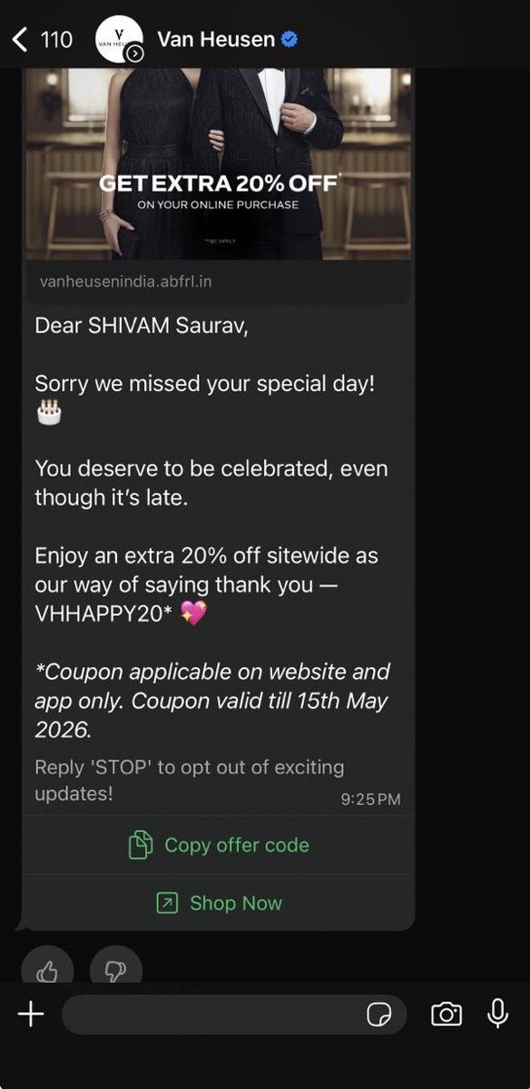 Trygonsivi's tweet photo. Wow,impressive Even with all my data, you still managed to miss my birthday and now an algorithm says‘sorry’with 20% off?Loyal customer here ,I think this calls for a 100%off apology, not a discount for this emotional damage. At this point,20% feels like you missed 80% effort too https://t.co/RhGZHJFUYs