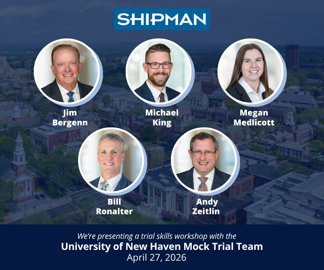 ShipmanGoodwin's tweet image. Today, a team of Shipman litigators will join the @UNewHaven Mock Trial Team for a special presentation at the UNH campus in West Haven. We’re looking forward to a great evening! #MockTrial #LegalEducation #NewHaven
