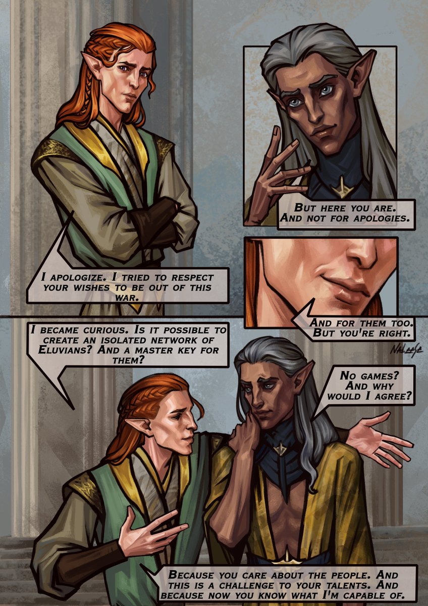nateese_art's tweet image. A bit of Arlathan Prequels. #Solas #dragonage #June #arlathan #evanuris
I'm absolutely certain that  Solas couldn't have single-handedly created or reconfigured the eluvians for his rebellion. I believe June secretly aided Solas and the rebellion