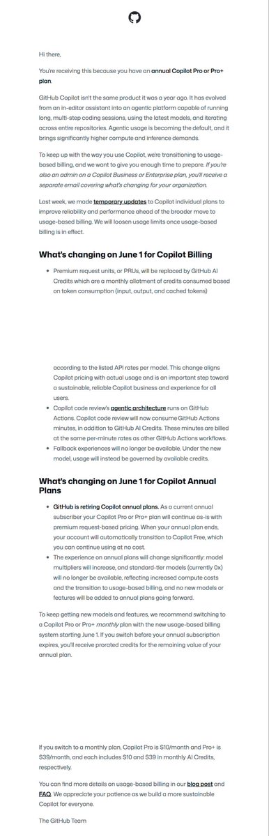 Julroux's tweet photo. GitHub Copilot arrête les plans annuel et les requêtes incluses. Tout est maintnant avec des crédits IA 

Nonnnnn, je me disais bien que ça pouvait pas continuer comme ça https://t.co/uMQ6ASX7RR