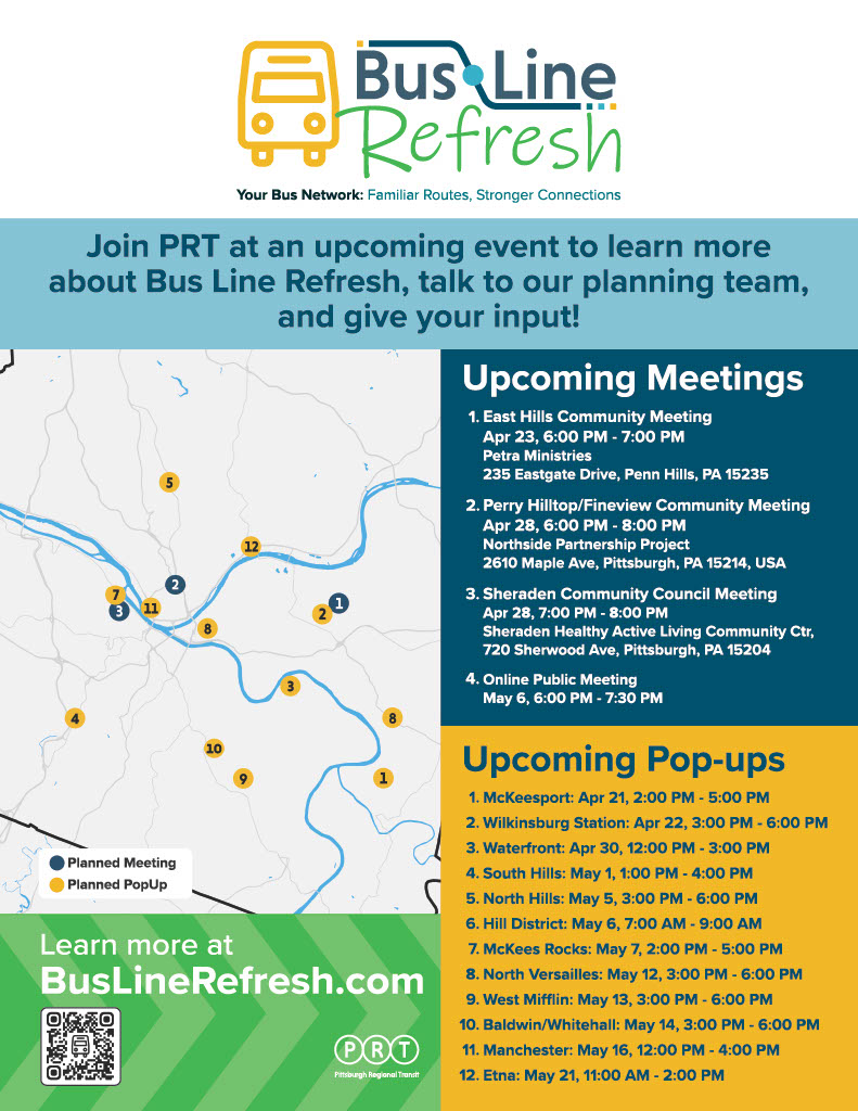 PGHtransit's tweet photo. Come chat with us!
Attend a Bus Line Refresh meeting or pop-up to learn about upcoming changes and give your input

Learn more at https://t.co/1c4Ao4ZvHG https://t.co/7TymJYHY8E