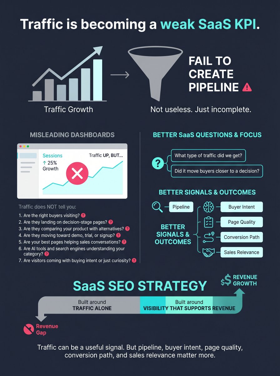 Traffic is becoming a weak SaaS KPI.

A site can grow sessions and still create no pipeline.

Better questions:

Are the right buyers visiting?
Are they landing on decision-stage pages?
Are they moving toward demo, trial, or signup?

SaaS SEO should not chase traffic but revenue.