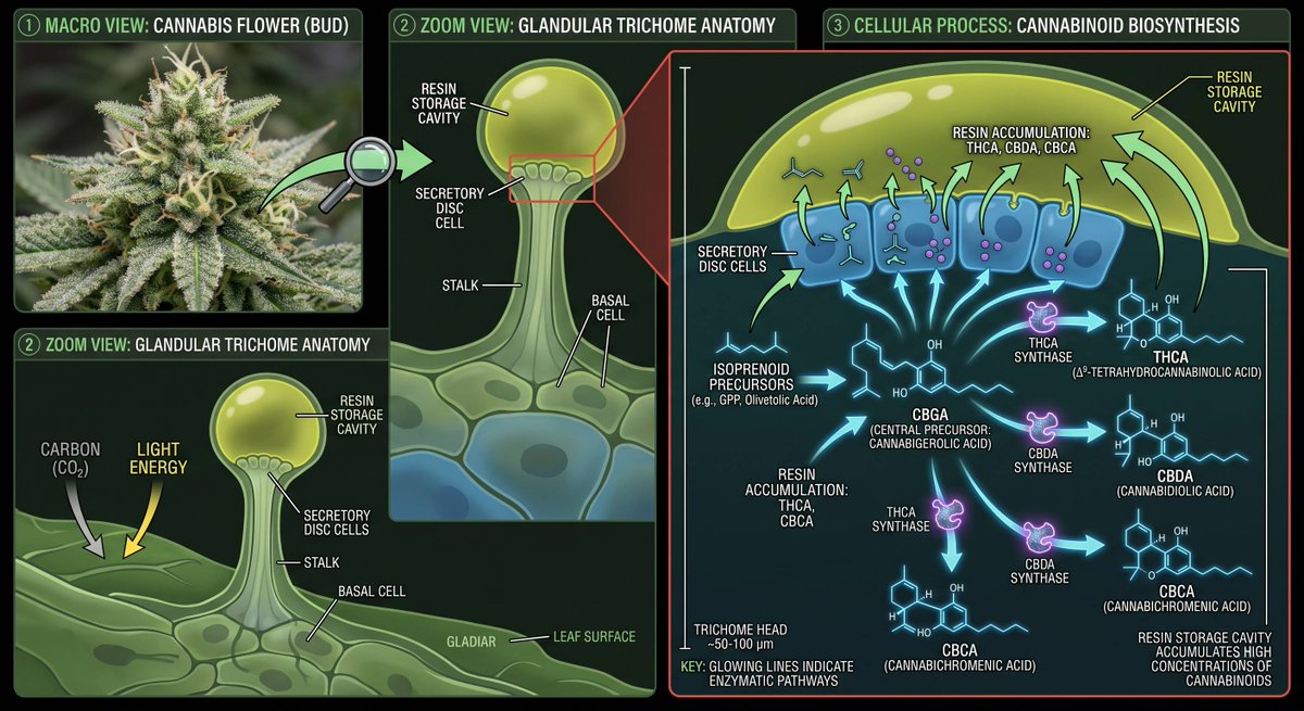 Trichome heads aren’t just shiny little frost balls.

They’re tiny chemical reactors.

Inside those resin glands, the plant builds cannabinoids from basic ingredients, starting with CBGA, the “mother” cannabinoid precursor.

From there, enzymes decide the route.

THCA synthase