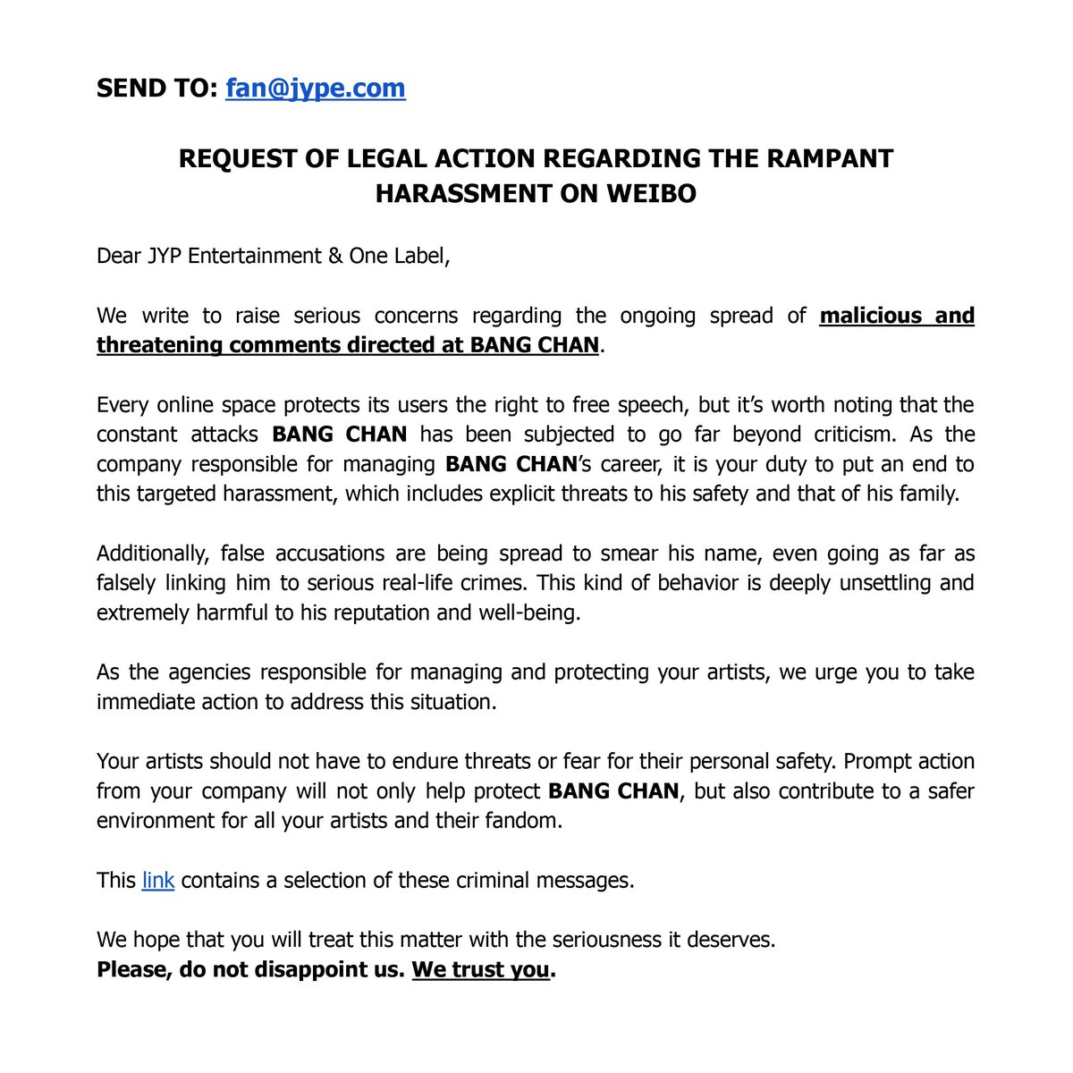 We kindly ask all of you who love &amp; care about BC to help us get the template below noticed by ONE LABEL/JYPE so they can swiftly take action against these vile bullies.

Enough is enough, <a href="/Stray_Kids/">Stray Kids</a>.
PROTECT YOUR ARTISTS!
🔗 tinyurl.com/weiboakgaes