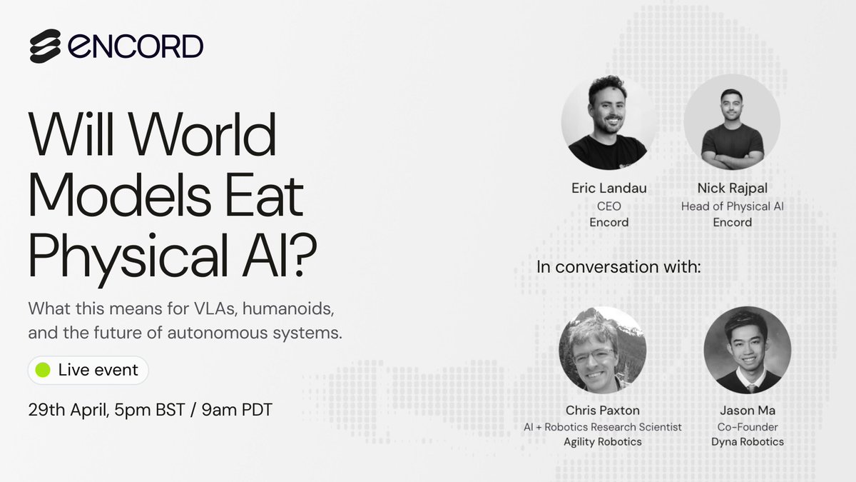 EricEncord's tweet photo. The shift to World Models may be the most important transition happening in Physical AI right now.

VLAs are remarkable at what they do, but they mostly react to the world rather than reason about it. Humans don’t operate that way. 

We act in the physical world with instinct and intuition, but also with an internal model of how the world works. We anticipate, simulate, and plan. We understand how our actions will change the environment before we take them. World Models are emerging as effective systems to bridge this gap for Physical AI.

This is why I'm very excited on our upcoming webinar "Will World Models Eat Physical AI" this Wednesday with pioneers in the field @chris_j_paxton (@agilityrobotics) and @JasonMa2020 (@DynaRobotics).

Sign-up link in the comments!