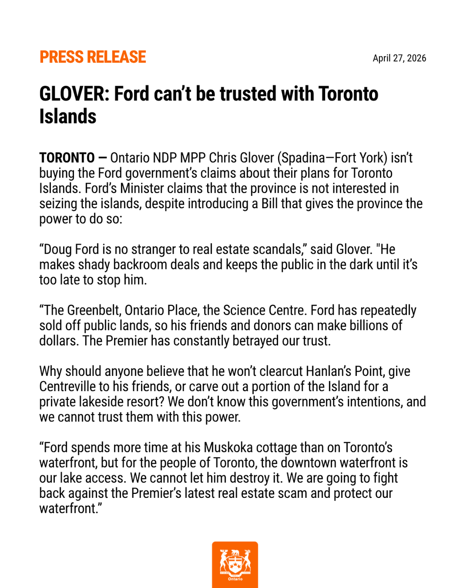 OntarioNDP's tweet photo. #NEW: GLOVER: Ford can't be trusted with Toronto Islands https://t.co/uVtZ9sSGLT