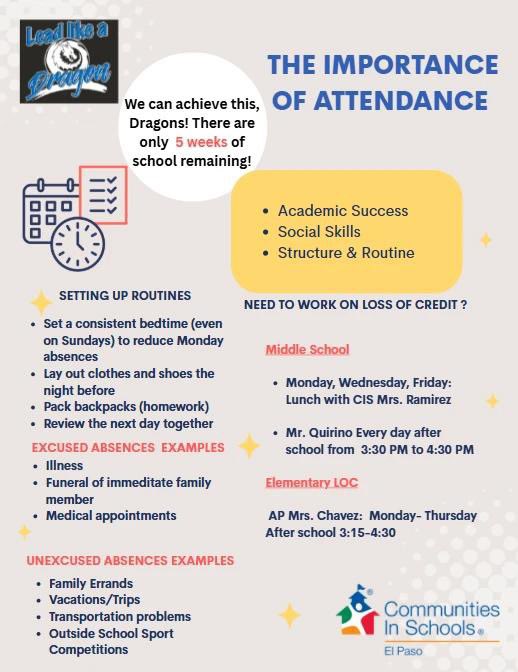 MamaEstrellaR's tweet photo. There are 5 weeks left of school! Here are a few reminders about attendance and LOC📋@JohnDrugan_PK8 @ChavezJDrugan @RAlva_JDS @CISElPaso https://t.co/ZQaGn9zA7I